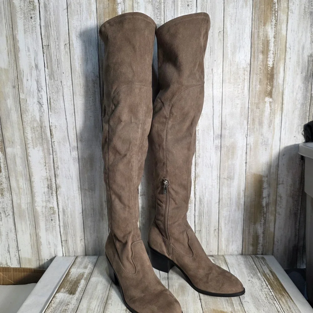 Marc Fisher Womens Taupe Faux Suede Over The Knee Block Heel Boots Size 7.5M